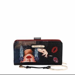 Nicole Lee Black & Red Sequin Kiss Graphic Wristlet